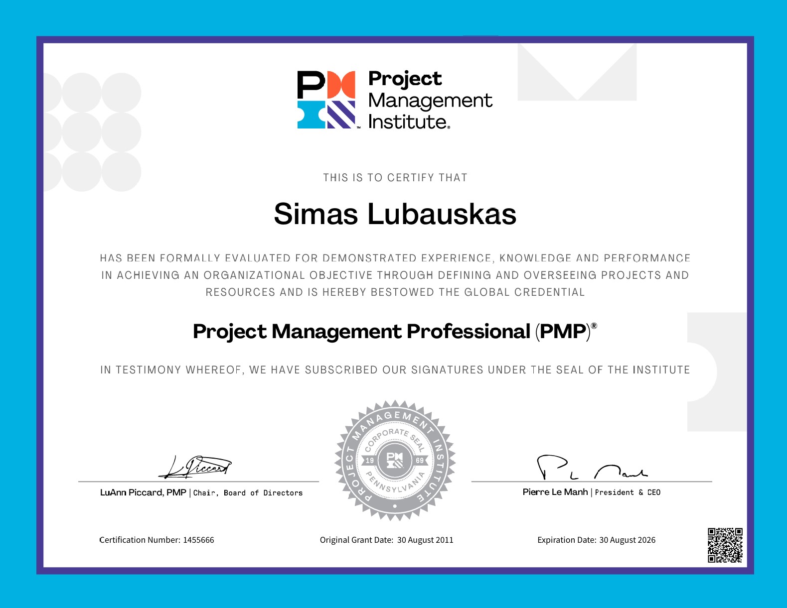 pmp certificate simas lubauskas